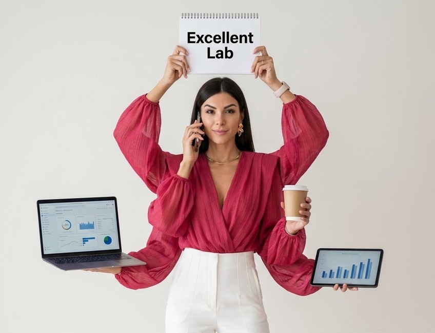 Ярослава Попович с ноутбуком, телефоном, планшетом и табличкой Excellent Lab
